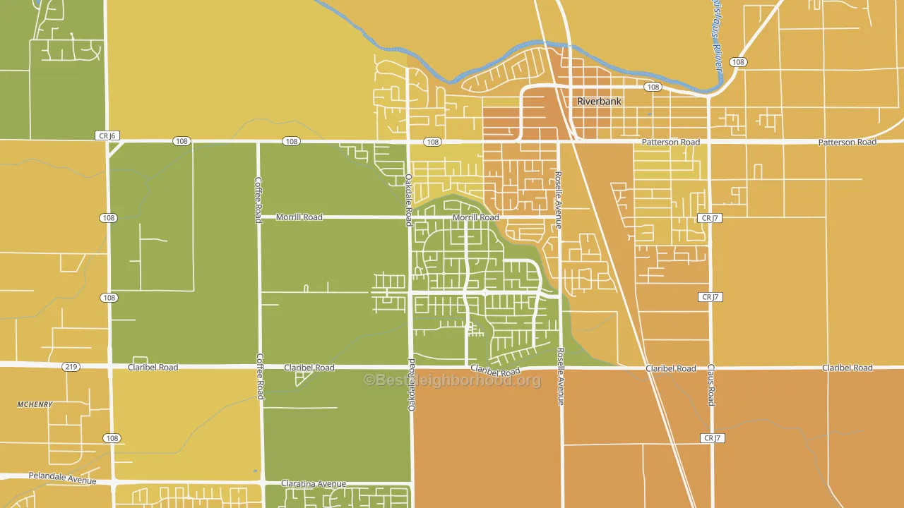 Map of the best neighborhoods in the Crossroads-Riverbank, Riverbank area, with better matches in green and worse matches in red