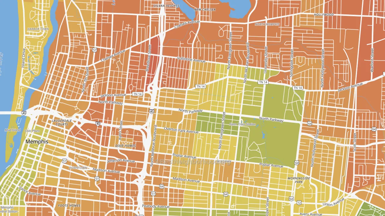 Map of the best neighborhoods in the Crosstown, Memphis area, with better matches in green and worse matches in red