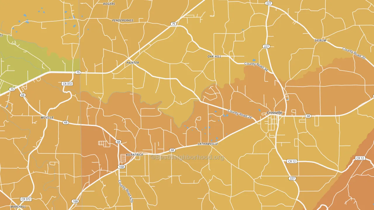 Map of the best neighborhoods in the Crossville area, with better matches in green and worse matches in red