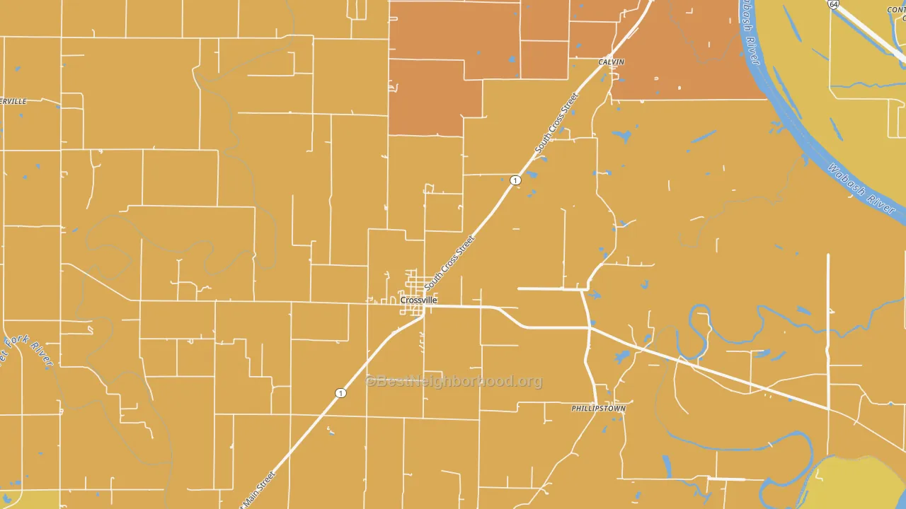 Map of the best neighborhoods in the Crossville area, with better matches in green and worse matches in red