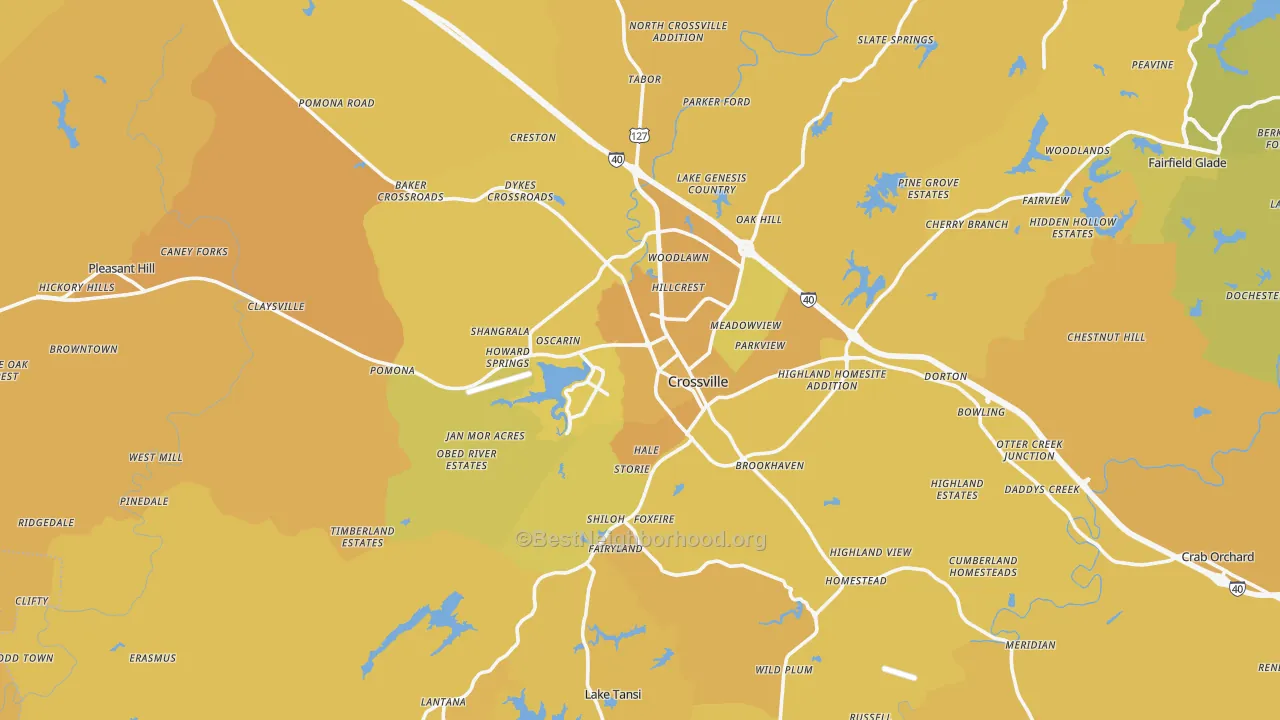 Map of the best neighborhoods in the Crossville area, with better matches in green and worse matches in red