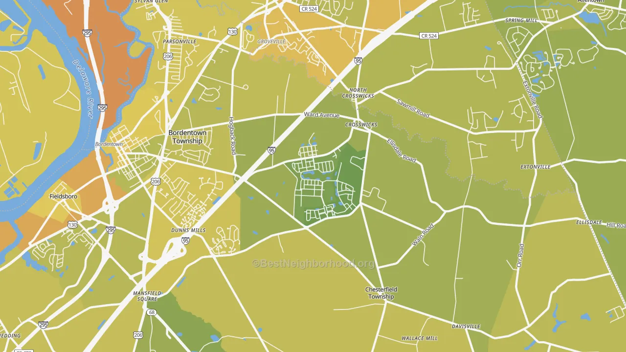 Map of the best neighborhoods in the Crosswicks area, with better matches in green and worse matches in red