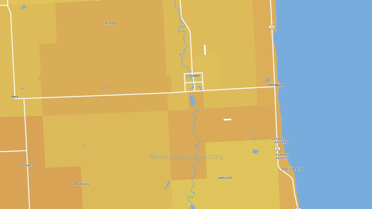 Map of the best neighborhoods in the Croswell area, with better matches in green and worse matches in red
