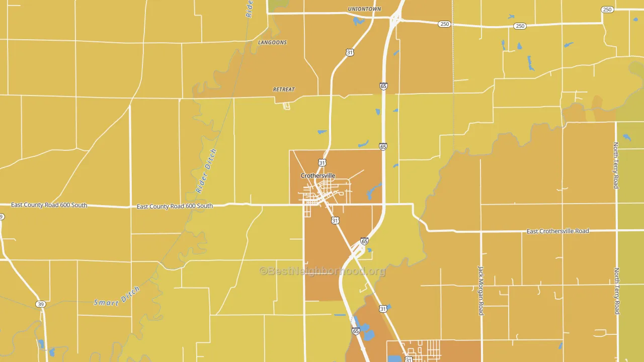 Map of the best neighborhoods in the Crothersville area, with better matches in green and worse matches in red