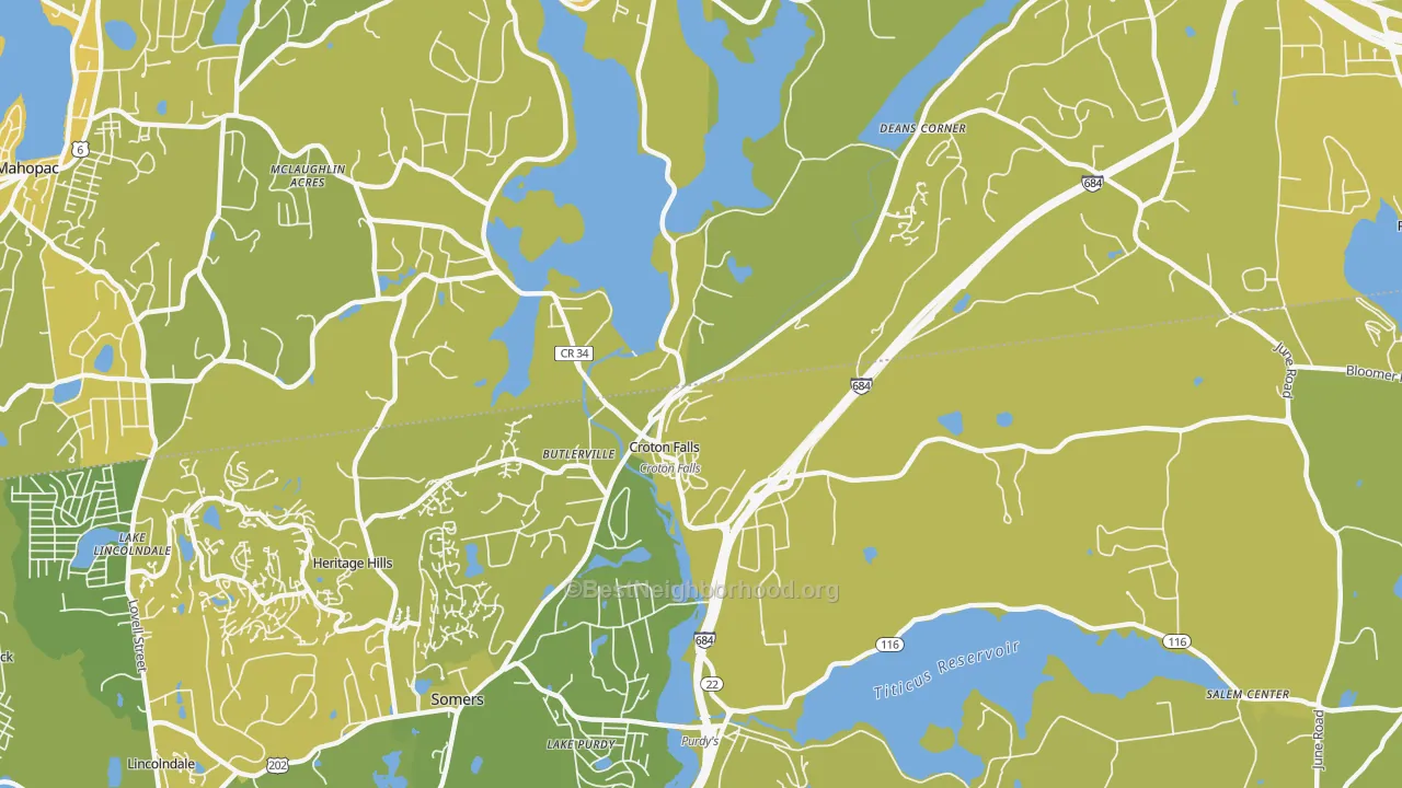 Map of the best neighborhoods in the Croton Falls area, with better matches in green and worse matches in red