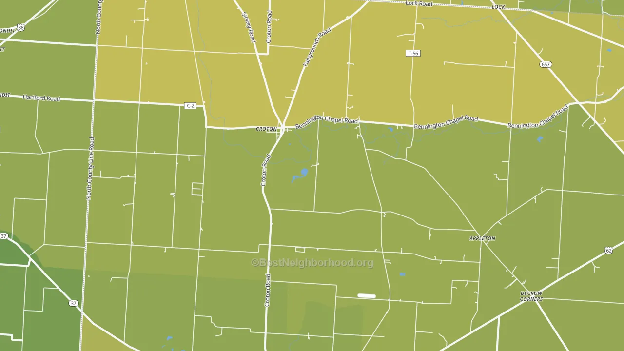 Map of the best neighborhoods in the Croton area, with better matches in green and worse matches in red