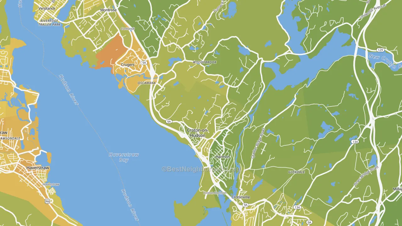 Map of the best neighborhoods in the Croton On Hudson area, with better matches in green and worse matches in red