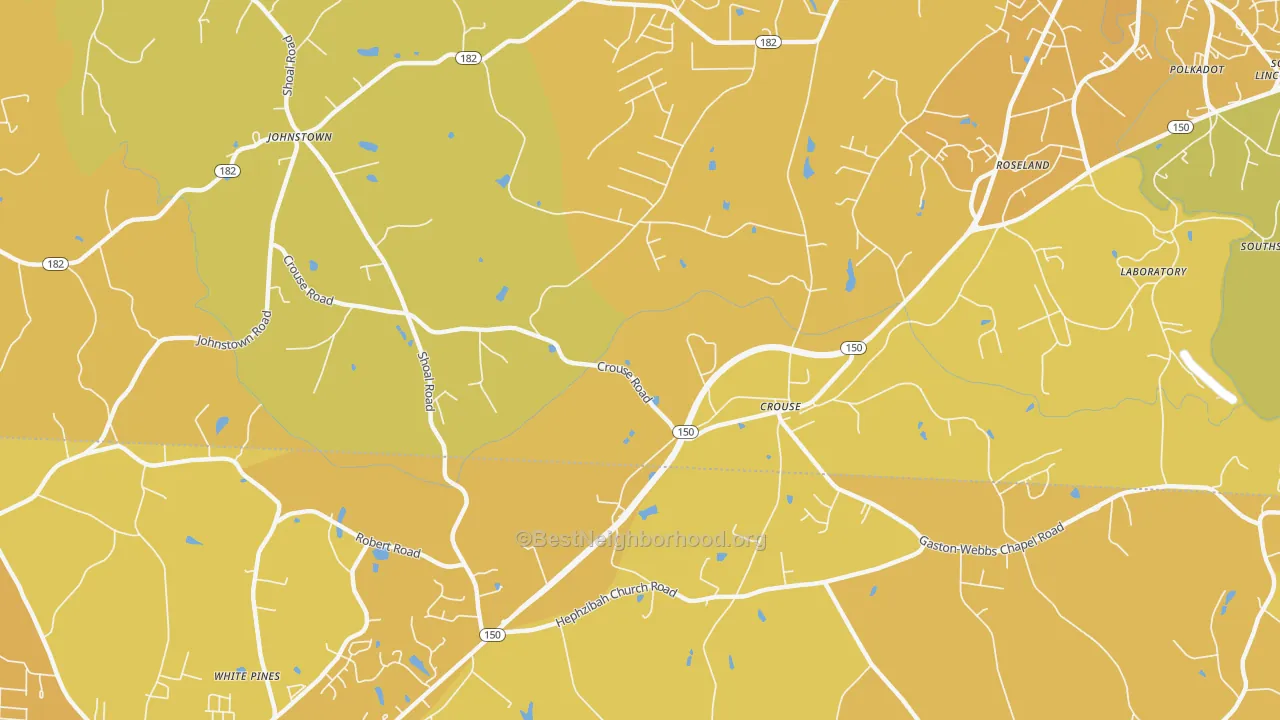 Map of the best neighborhoods in the Crouse area, with better matches in green and worse matches in red