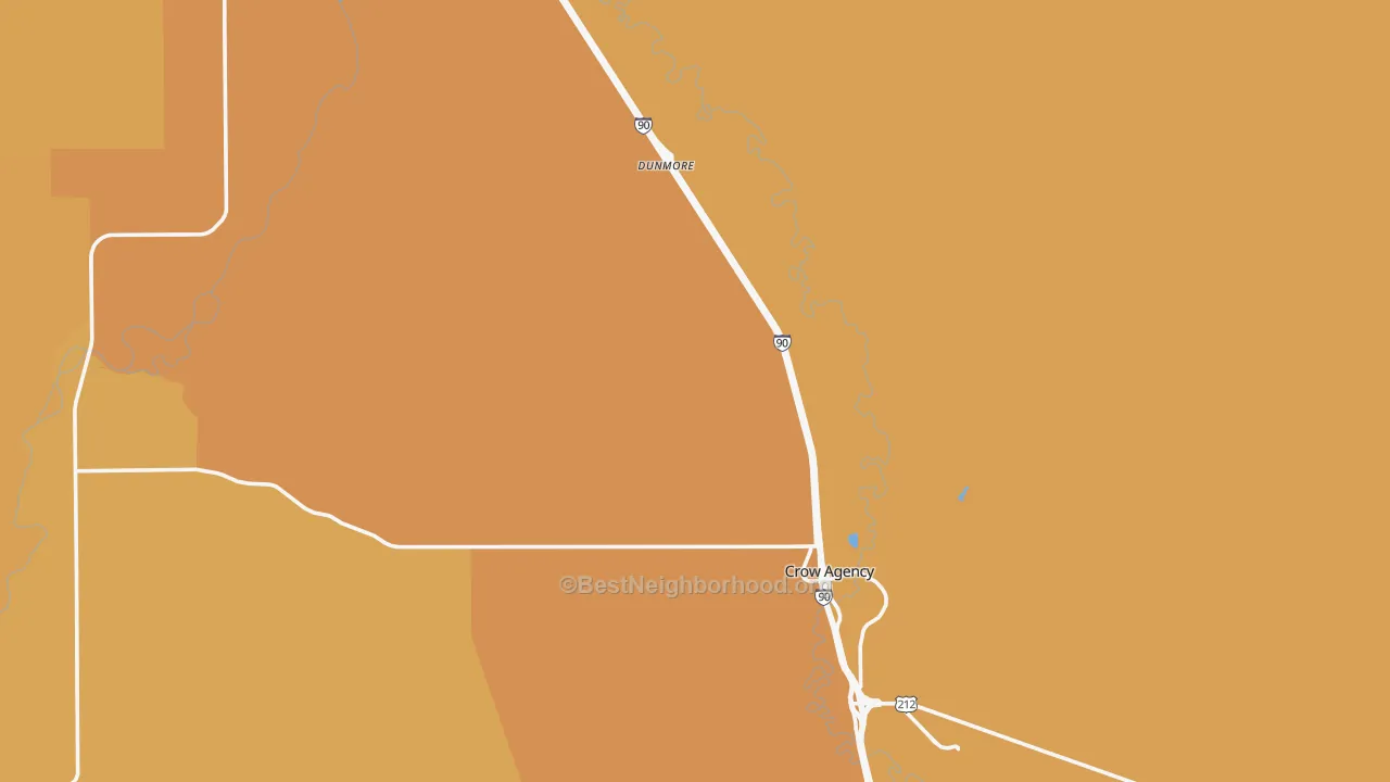 Map of the best neighborhoods in the Crow Agency area, with better matches in green and worse matches in red