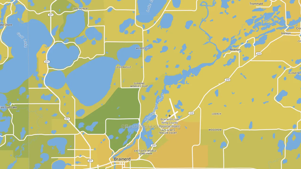 Map of the best neighborhoods in the Crow Wing County area, with better matches in green and worse matches in red