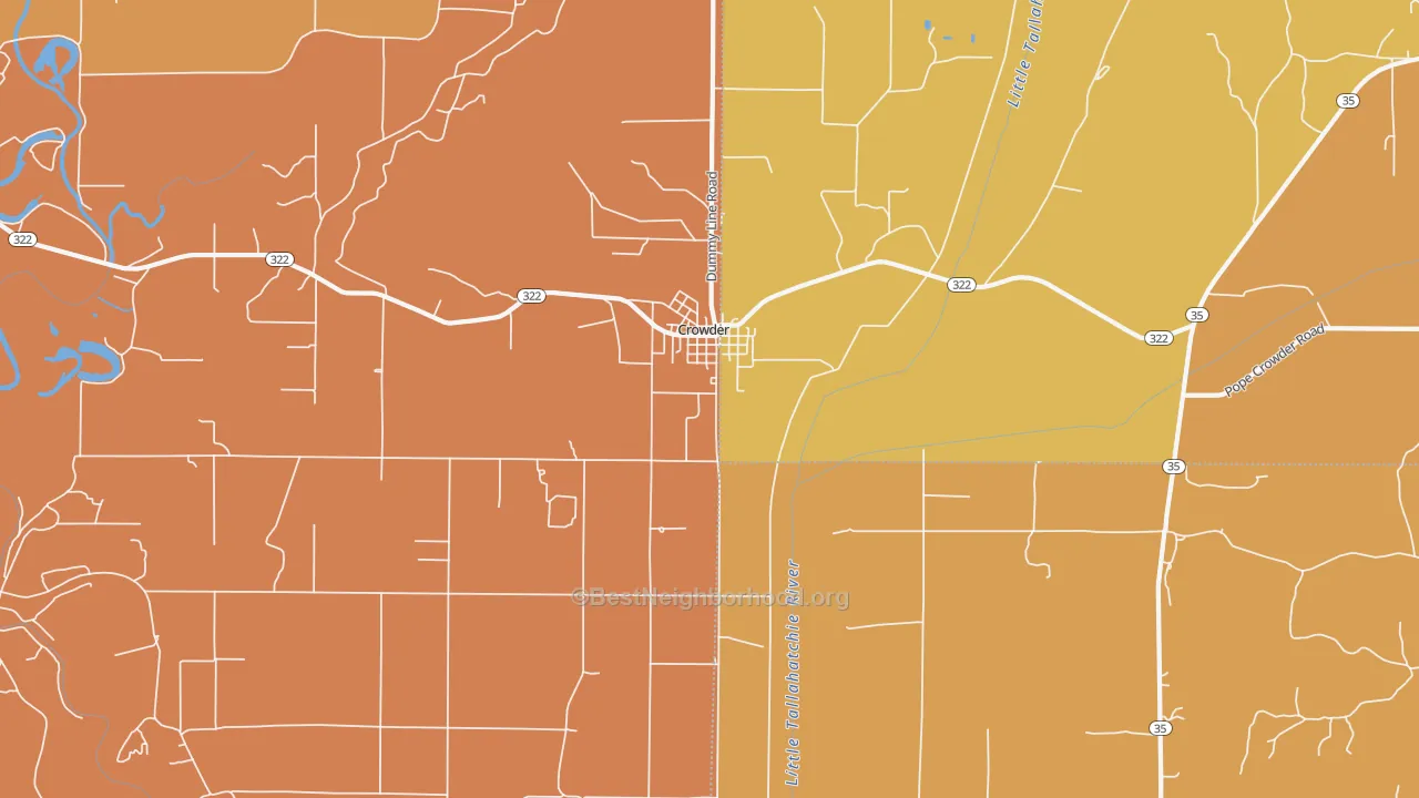 Map of the best neighborhoods in the Crowder area, with better matches in green and worse matches in red