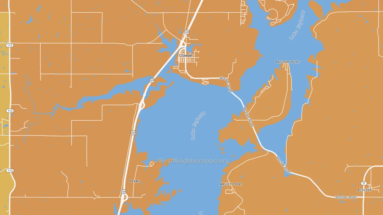 Map of the best neighborhoods in the Crowder area, with better matches in green and worse matches in red