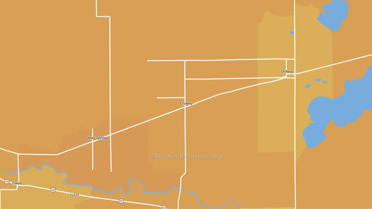 Map of the best neighborhoods in the Crowley County area, with better matches in green and worse matches in red