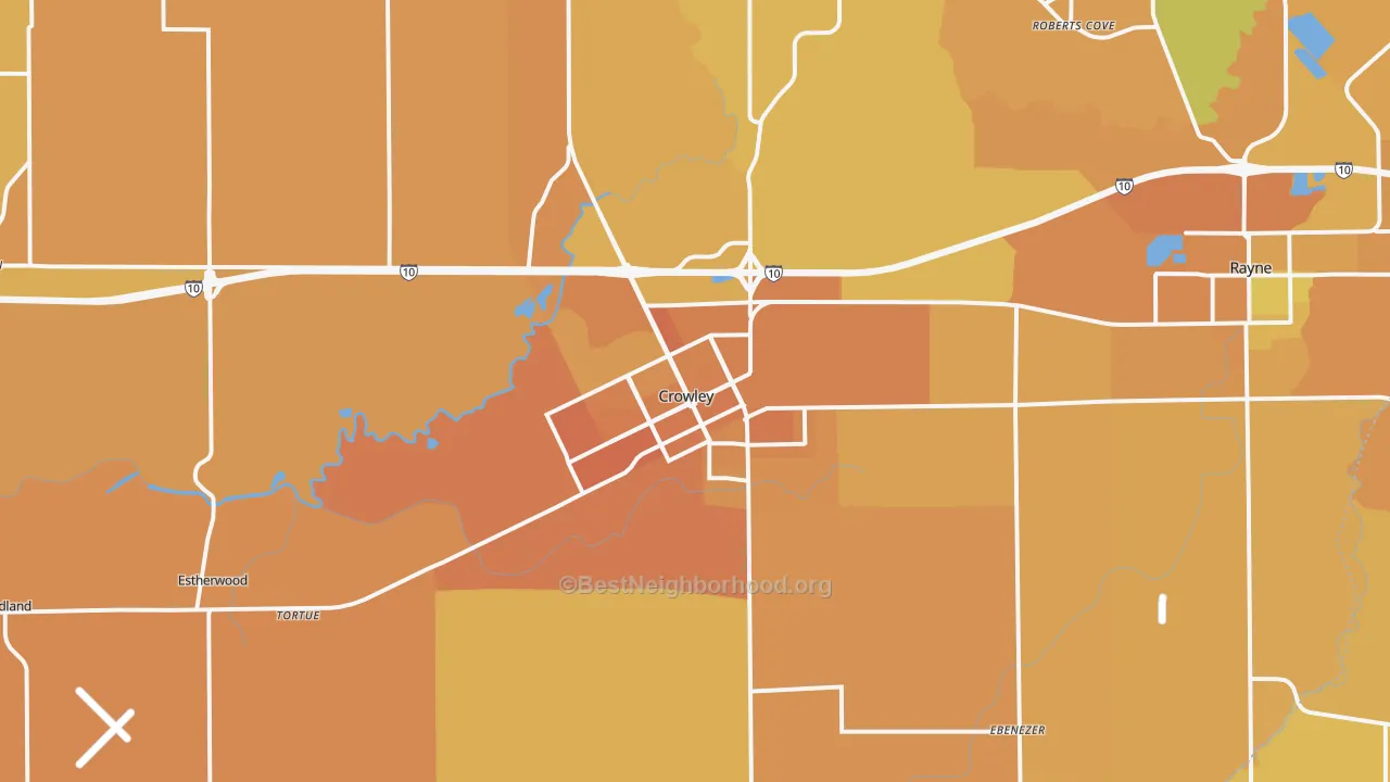 Map of the best neighborhoods in the Crowley area, with better matches in green and worse matches in red