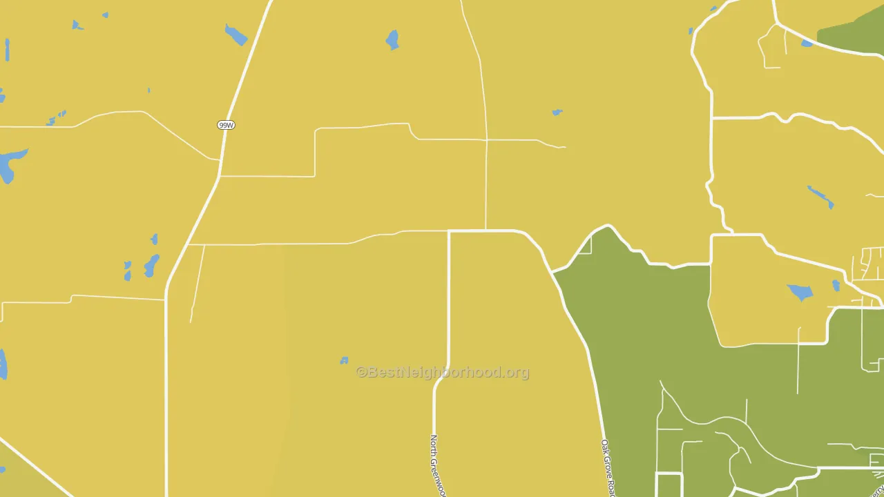 Map of the best neighborhoods in the Crowley area, with better matches in green and worse matches in red