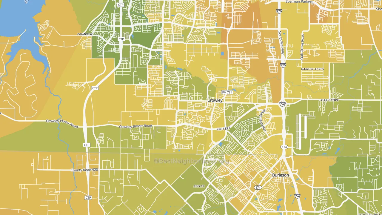 Map of the best neighborhoods in the Crowley area, with better matches in green and worse matches in red