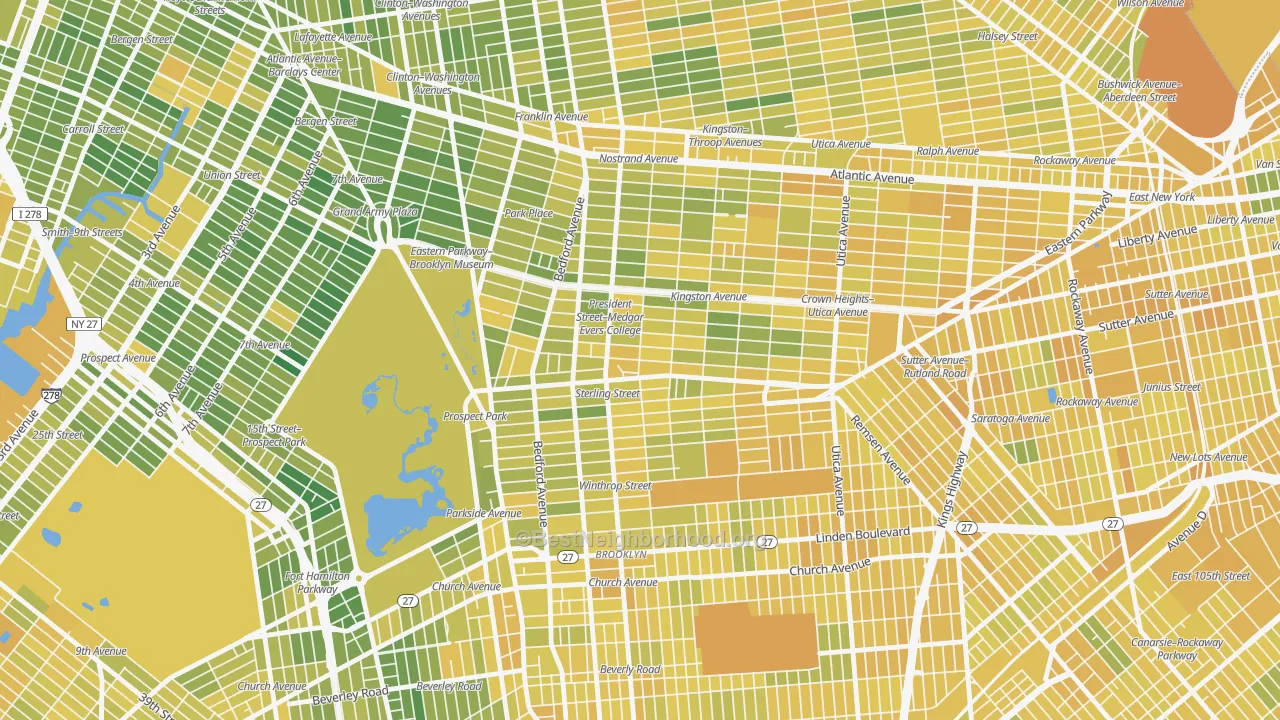 Map of the best neighborhoods in the Crown Heights, Brooklyn area, with better matches in green and worse matches in red