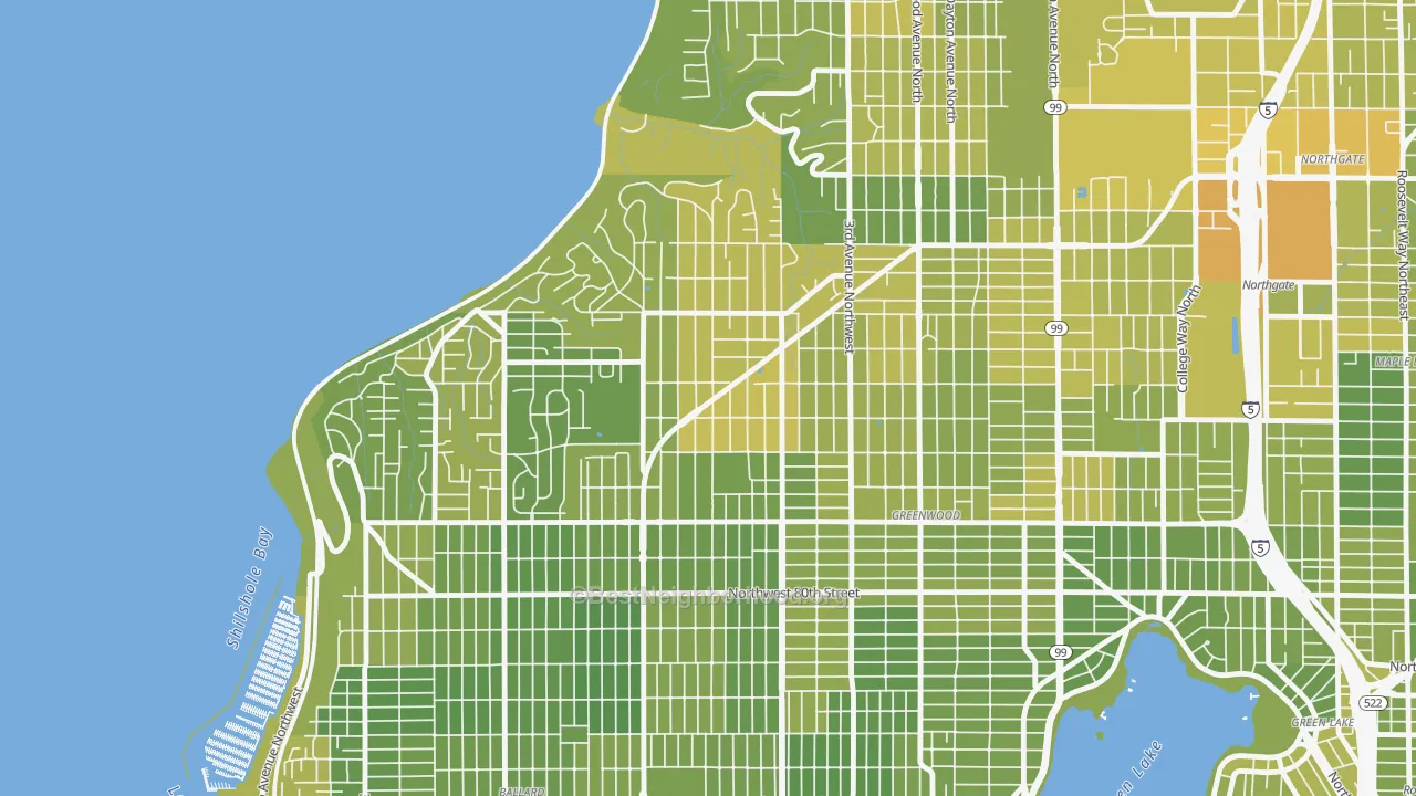 Map of the best neighborhoods in the Crown Hill, Seattle area, with better matches in green and worse matches in red