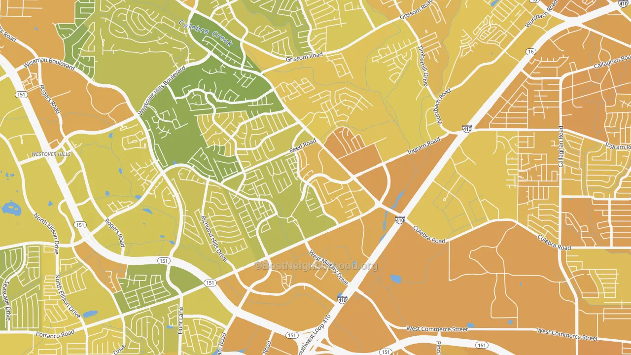 Map of the best neighborhoods in the Crown Meadows, San Antonio area, with better matches in green and worse matches in red