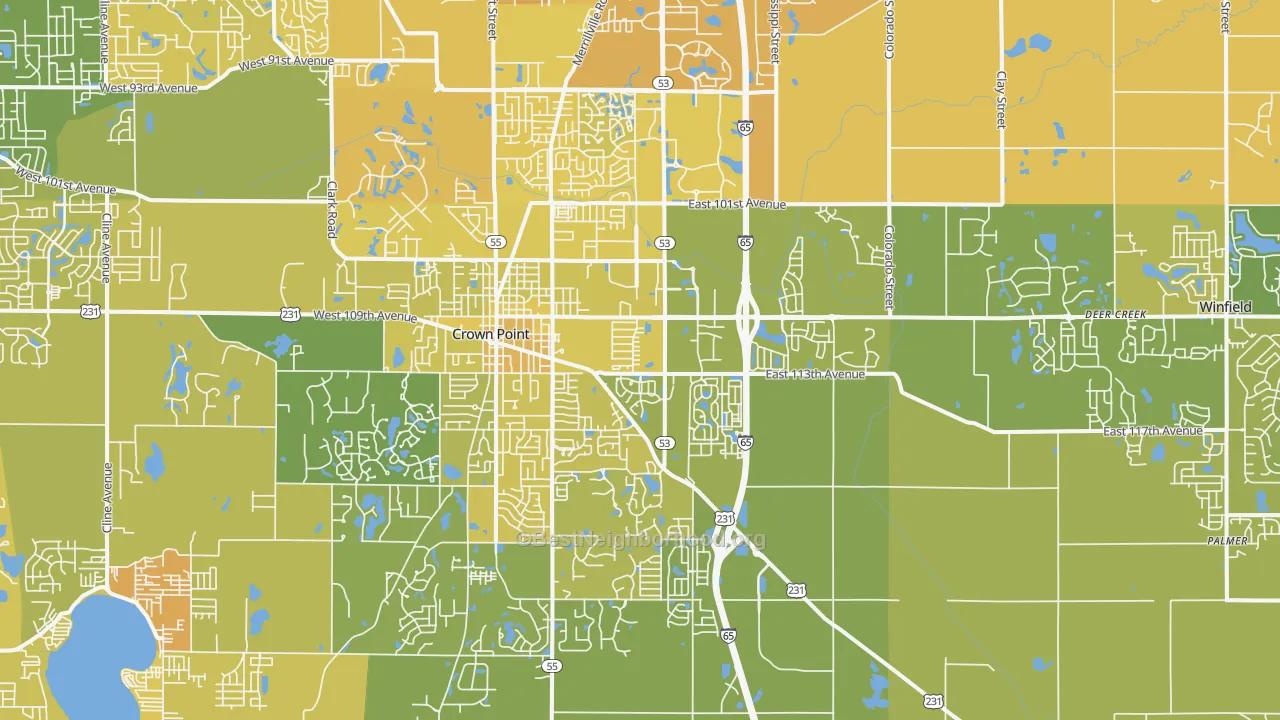 Map of the best neighborhoods in the Crown Point area, with better matches in green and worse matches in red