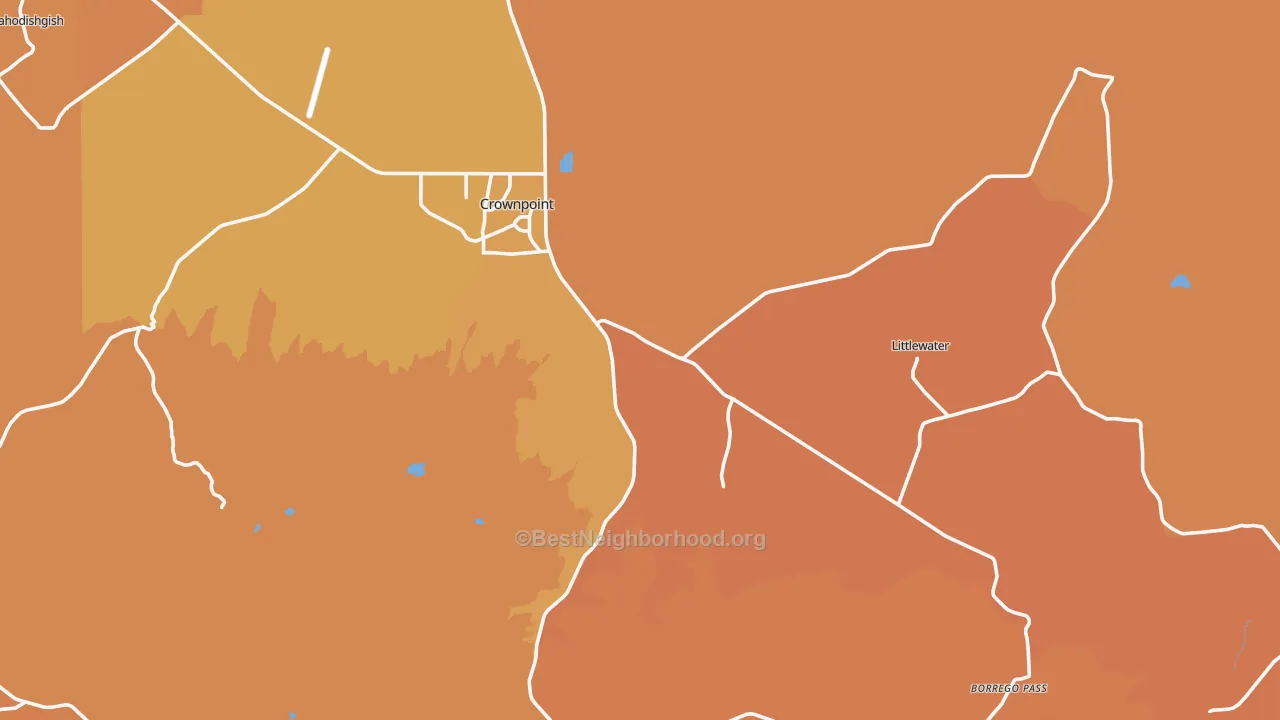 Map of the best neighborhoods in the Crownpoint area, with better matches in green and worse matches in red