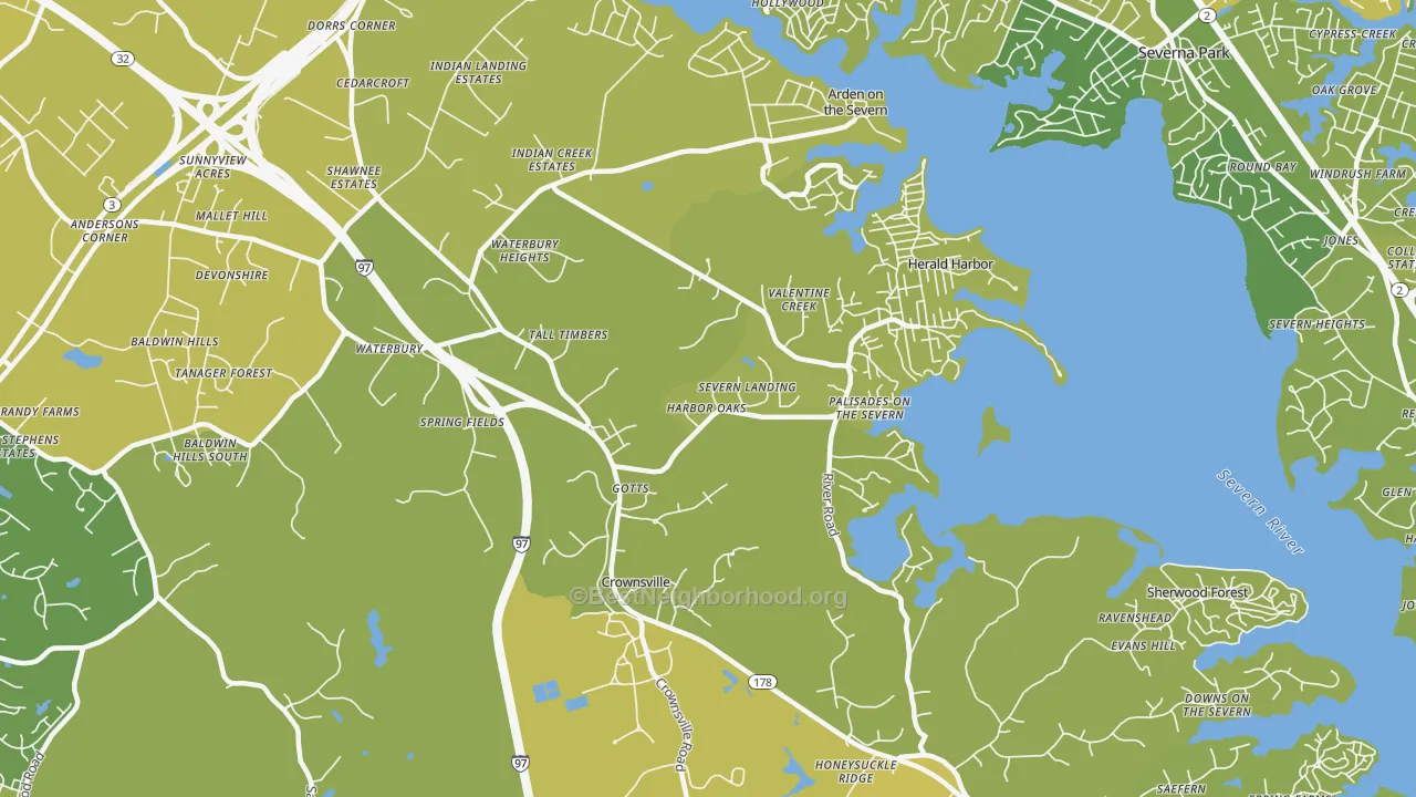 Map of the best neighborhoods in the Crownsville area, with better matches in green and worse matches in red