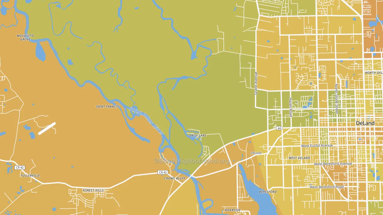 Map of the best neighborhoods in the Crows Bluff area, with better matches in green and worse matches in red