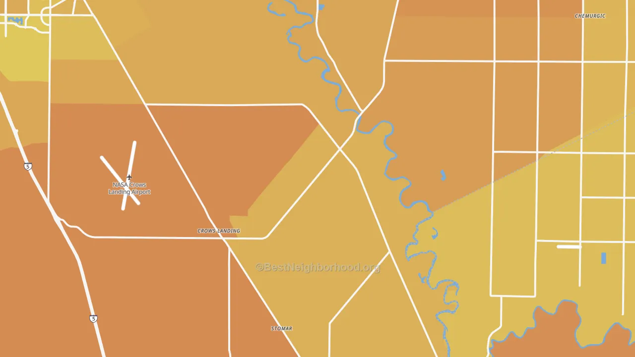 Map of the best neighborhoods in the Crows Landing area, with better matches in green and worse matches in red