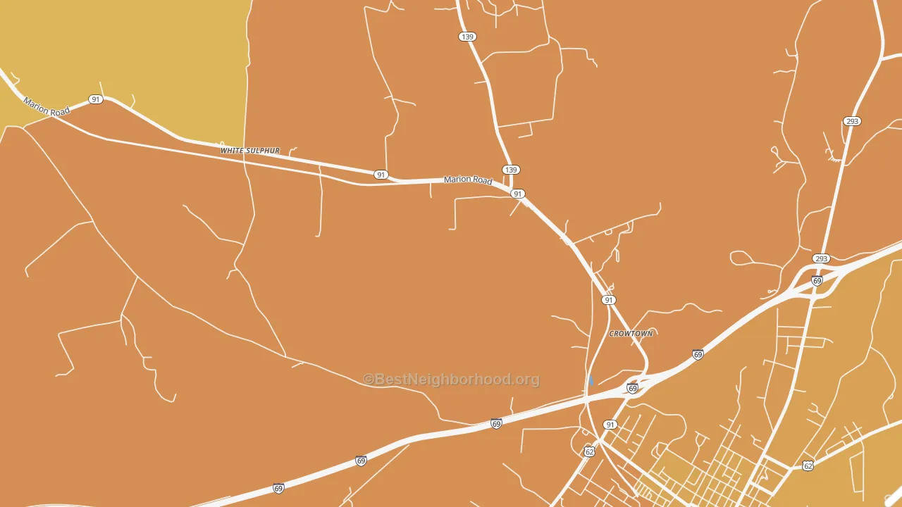 Map of the best neighborhoods in the Crowtown area, with better matches in green and worse matches in red