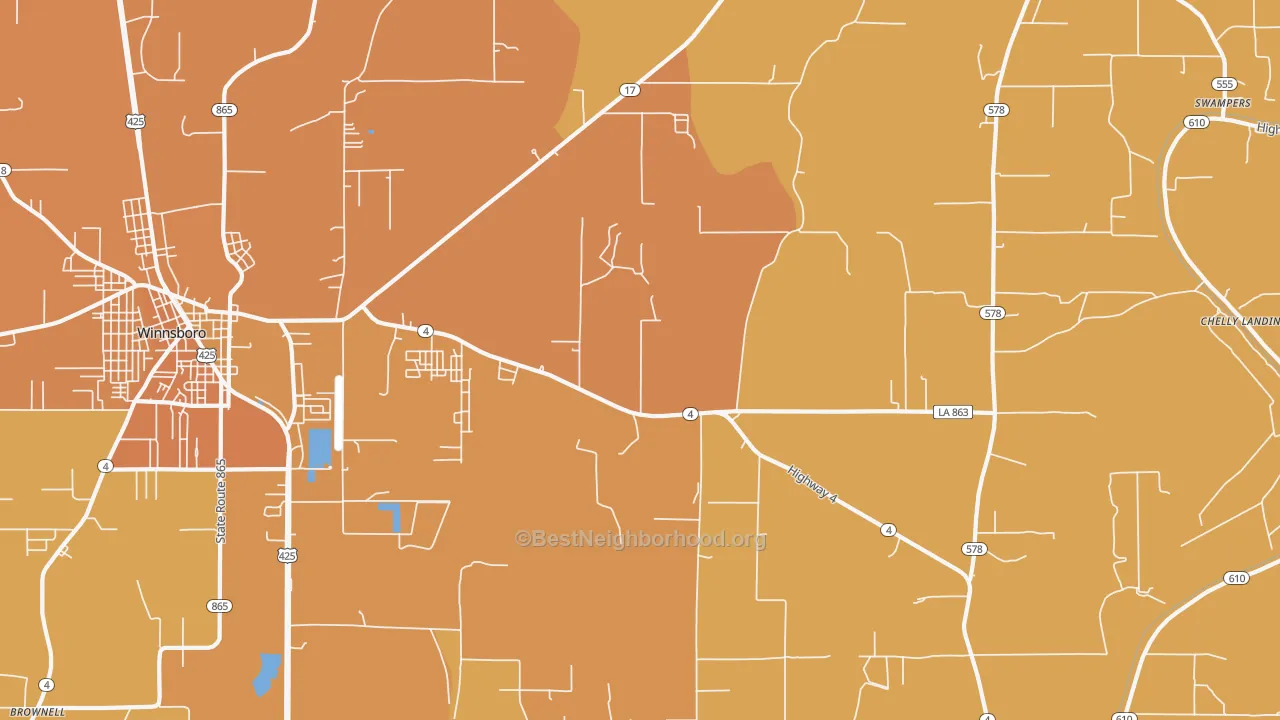 Map of the best neighborhoods in the Crowville area, with better matches in green and worse matches in red