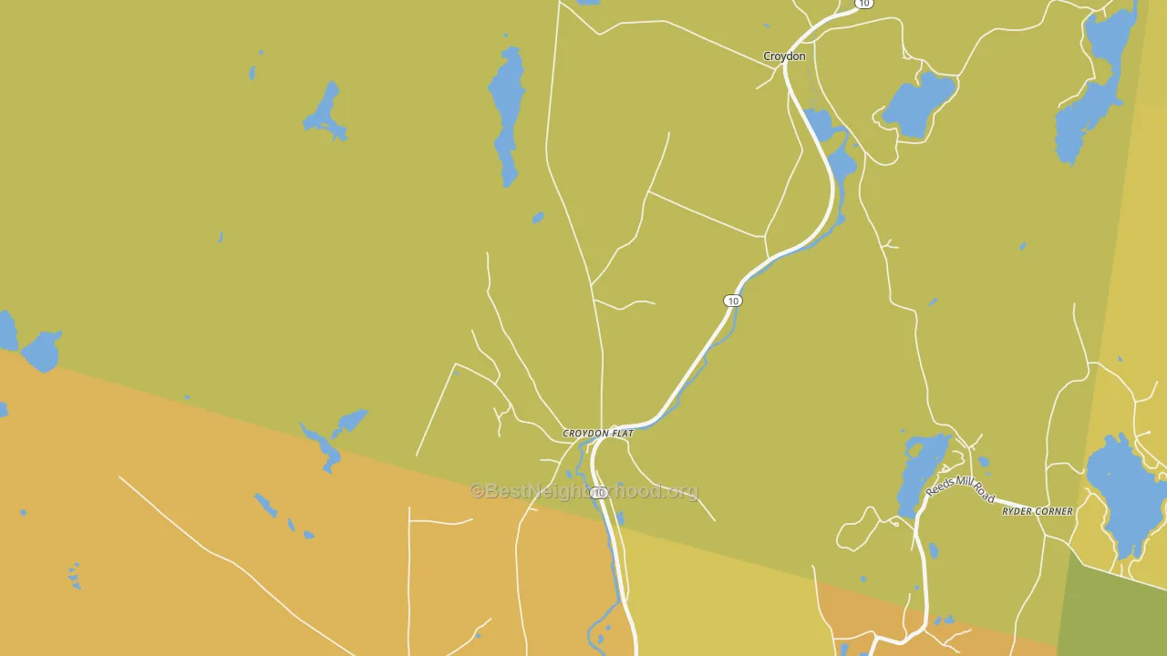 Map of the best neighborhoods in the Croydon Flat area, with better matches in green and worse matches in red