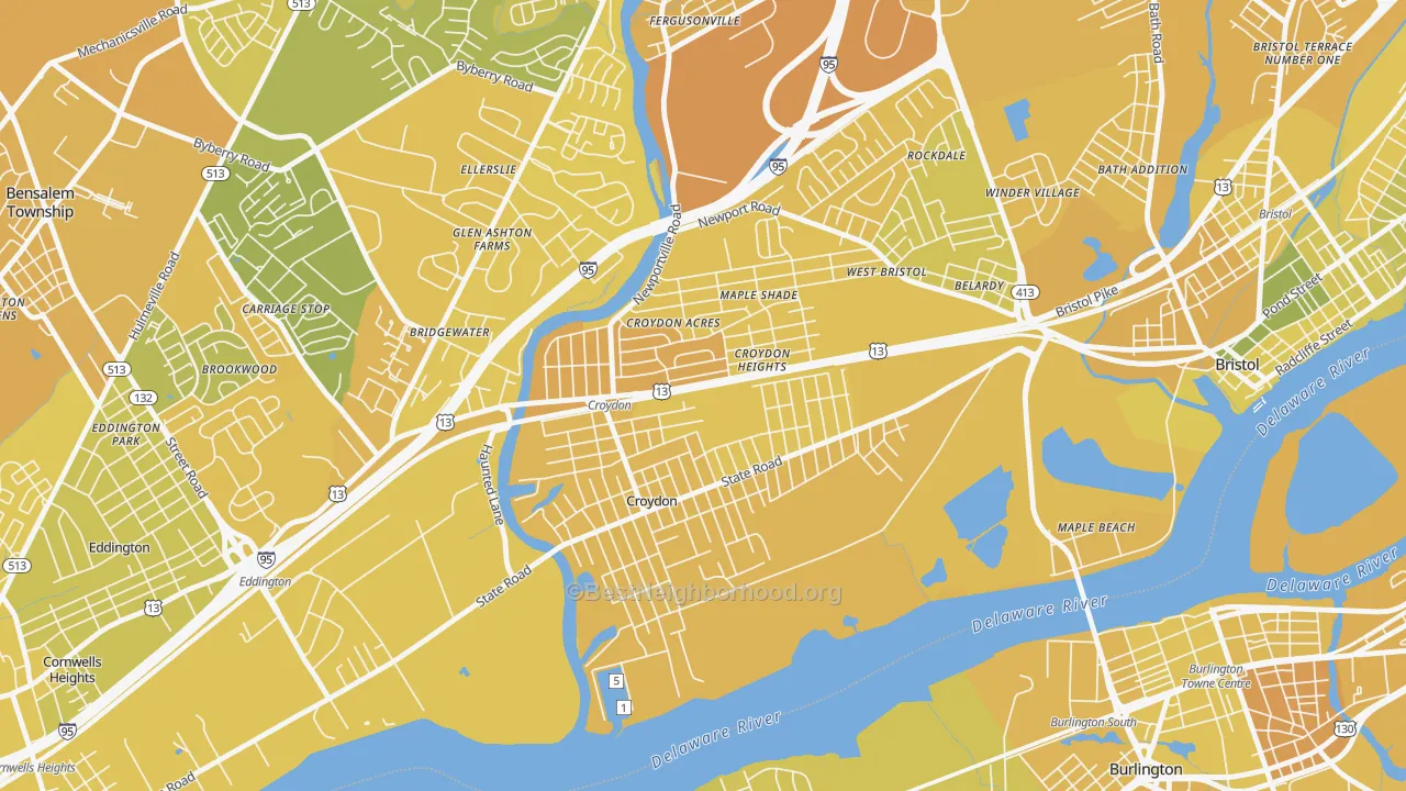 Map of the best neighborhoods in the Croydon area, with better matches in green and worse matches in red