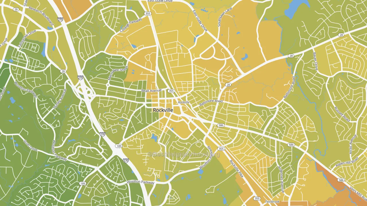 Map of the best neighborhoods in the Croydon Park, Rockville area, with better matches in green and worse matches in red