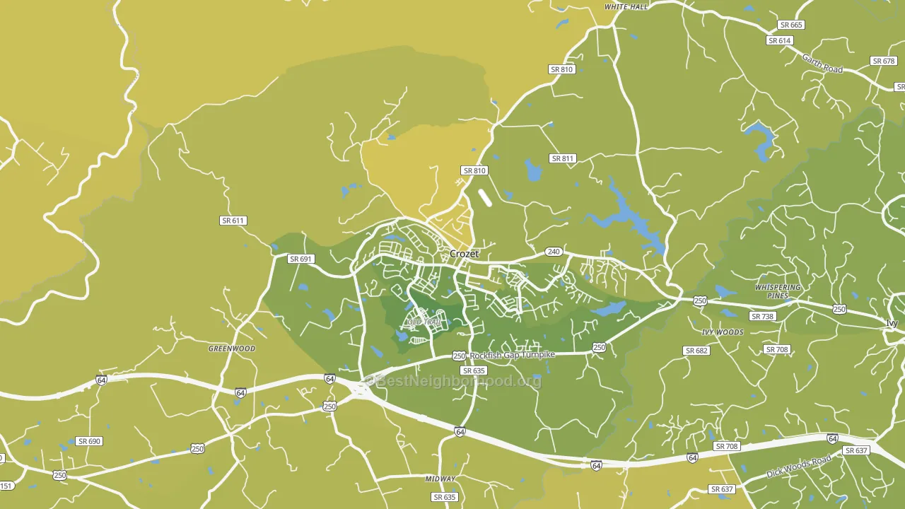 Map of the best neighborhoods in the Crozet area, with better matches in green and worse matches in red