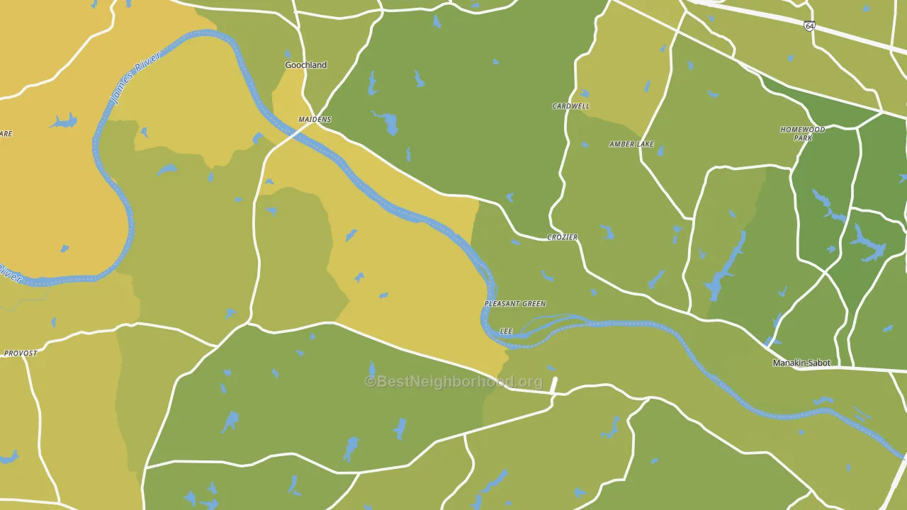 Map of the best neighborhoods in the Crozier area, with better matches in green and worse matches in red