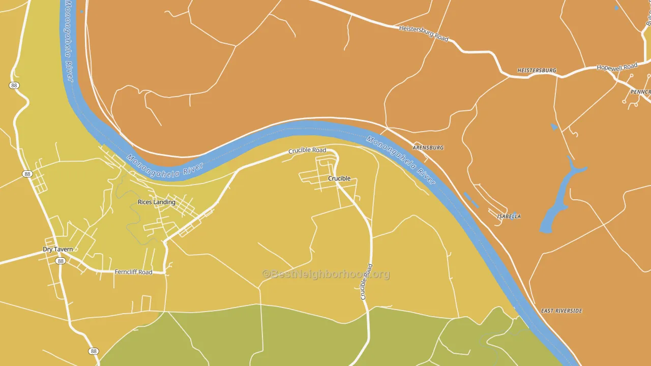 Map of the best neighborhoods in the Crucible area, with better matches in green and worse matches in red