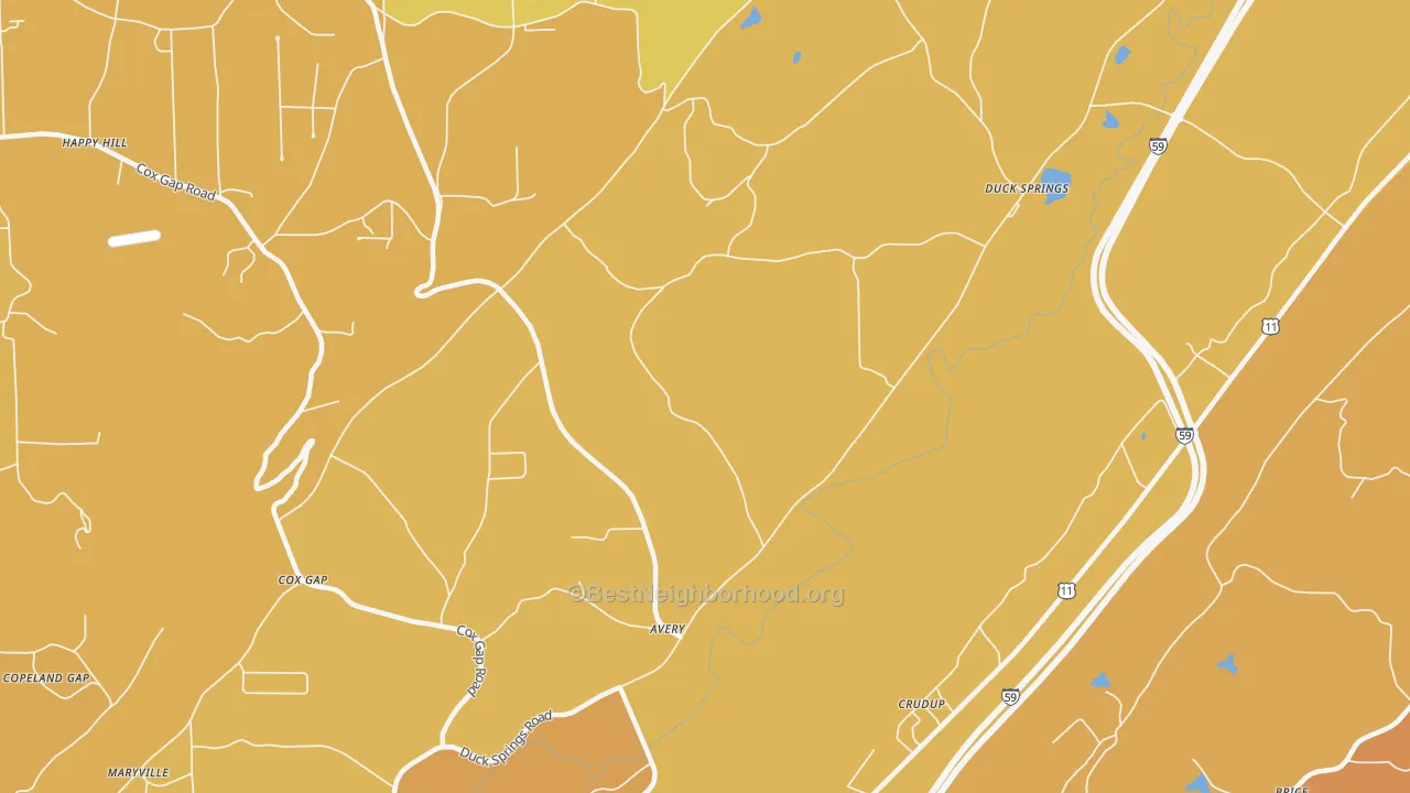 Map of the best neighborhoods in the Crudup area, with better matches in green and worse matches in red