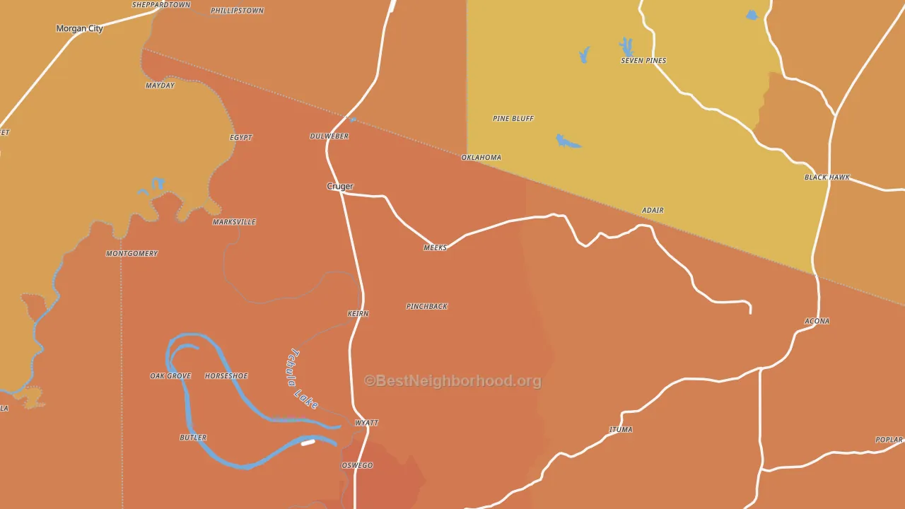 Map of the best neighborhoods in the Cruger area, with better matches in green and worse matches in red