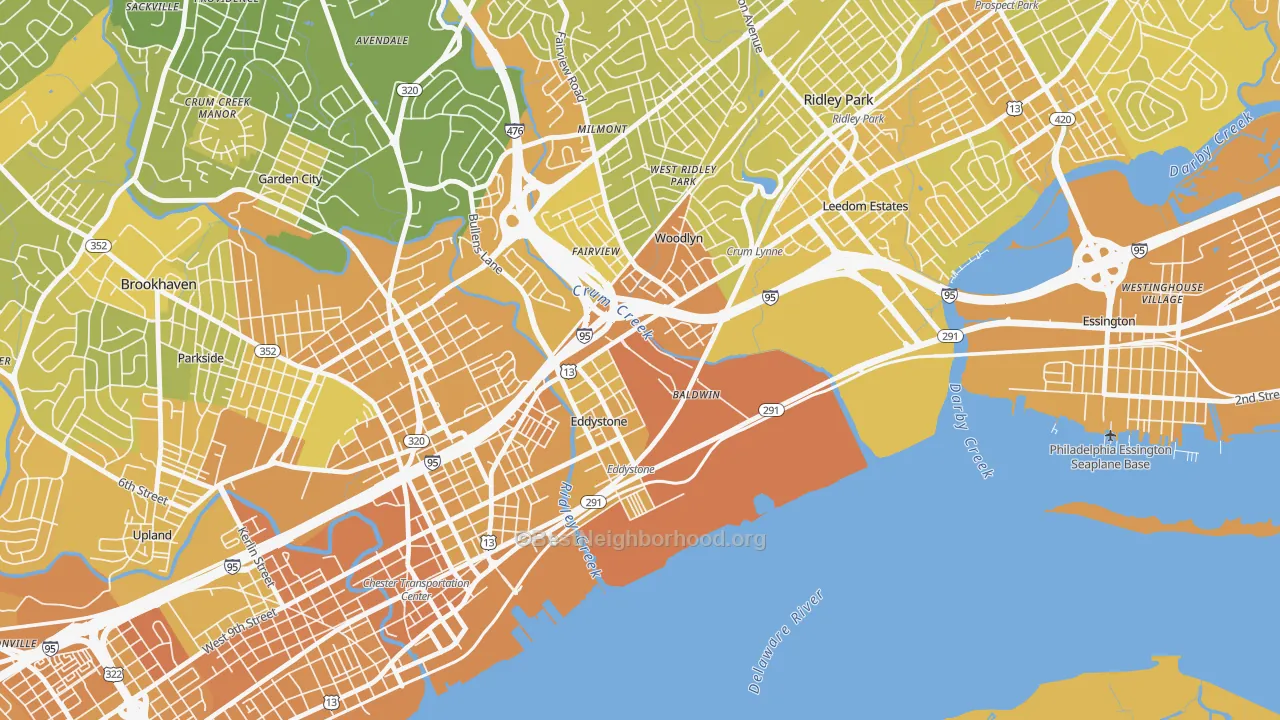 Map of the best neighborhoods in the Crum Lynne area, with better matches in green and worse matches in red