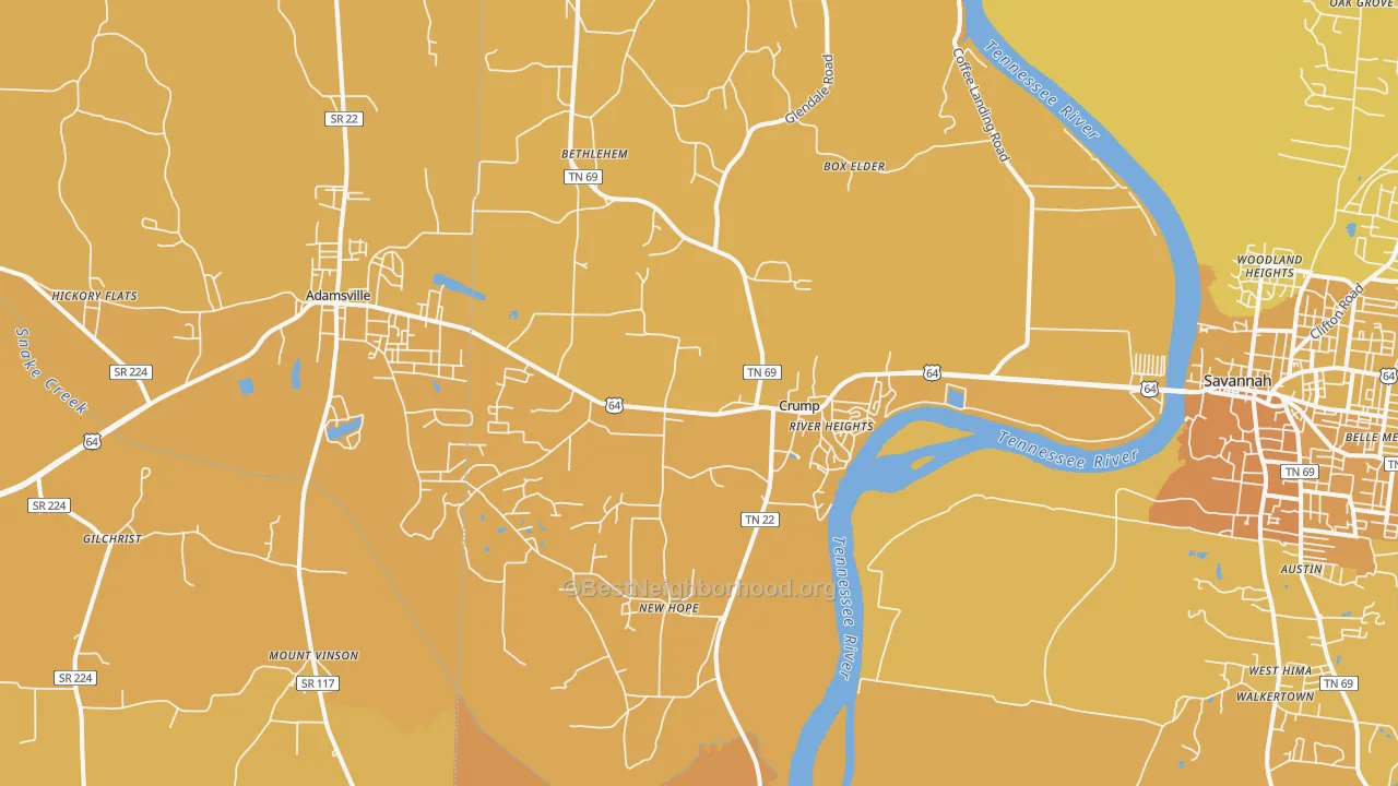 Map of the best neighborhoods in the Crump area, with better matches in green and worse matches in red