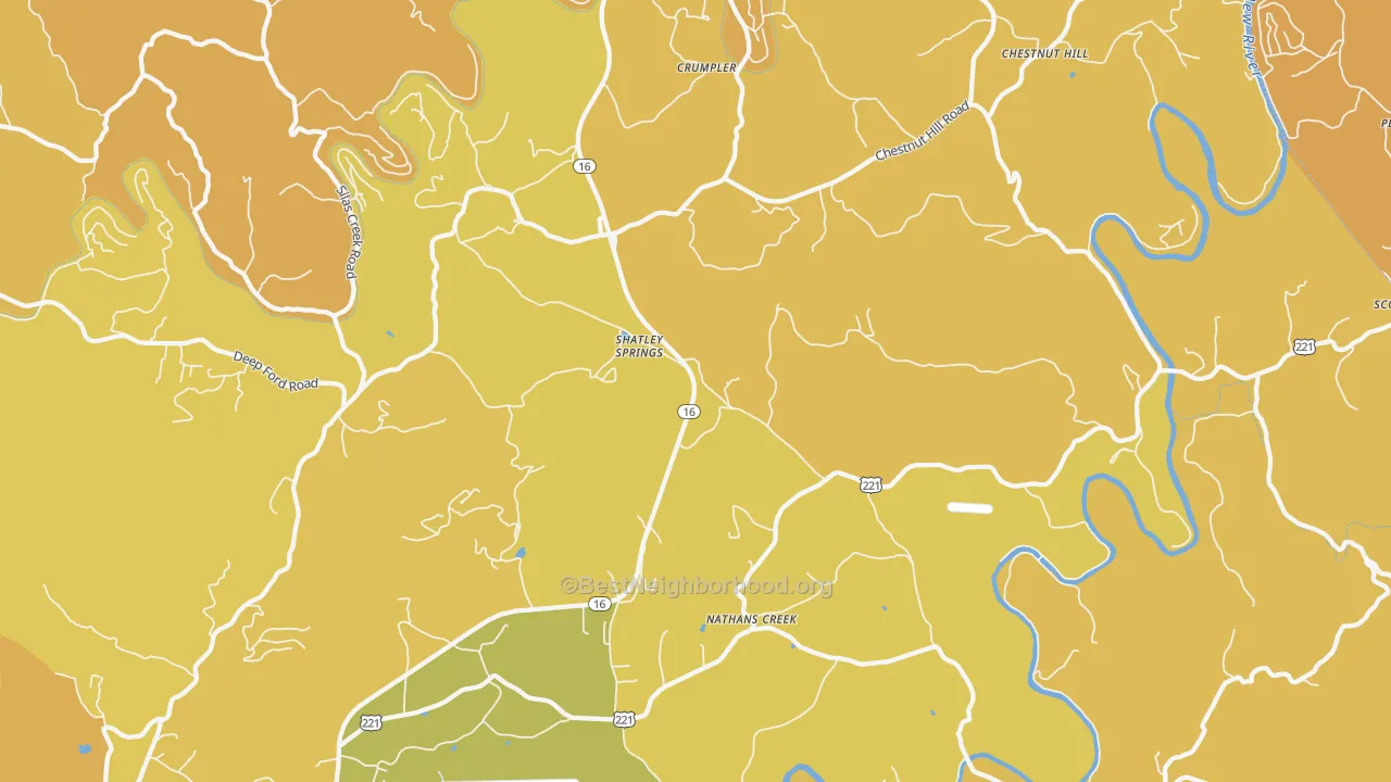 Map of the best neighborhoods in the Crumpler area, with better matches in green and worse matches in red