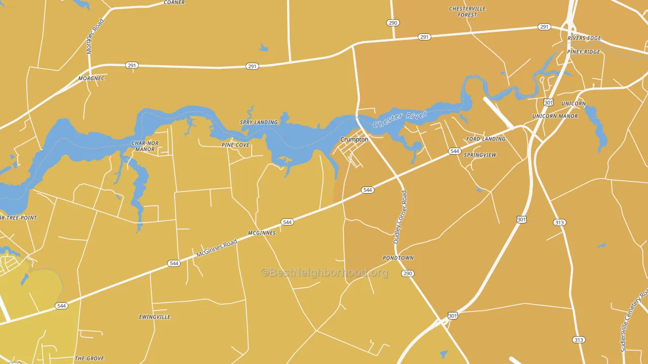 Map of the best neighborhoods in the Crumpton area, with better matches in green and worse matches in red