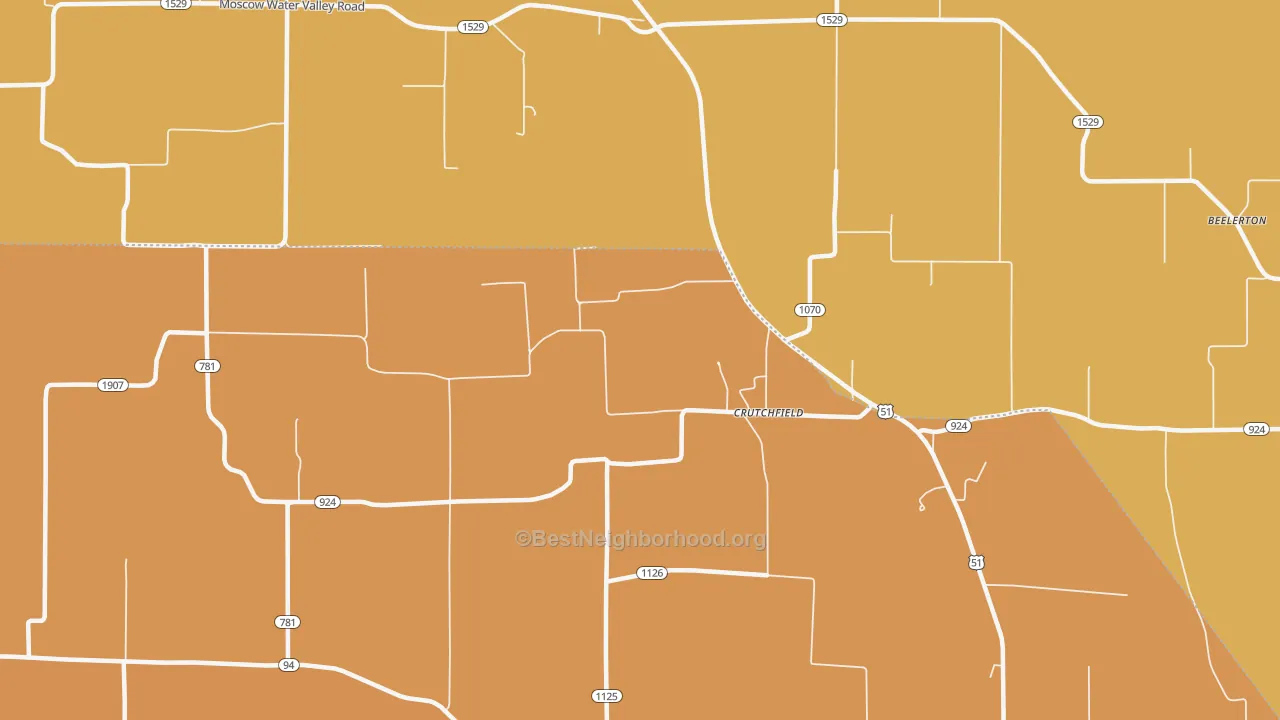 Map of the best neighborhoods in the Crutchfield area, with better matches in green and worse matches in red