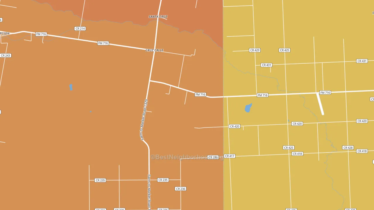 Map of the best neighborhoods in the Cruz Calle area, with better matches in green and worse matches in red