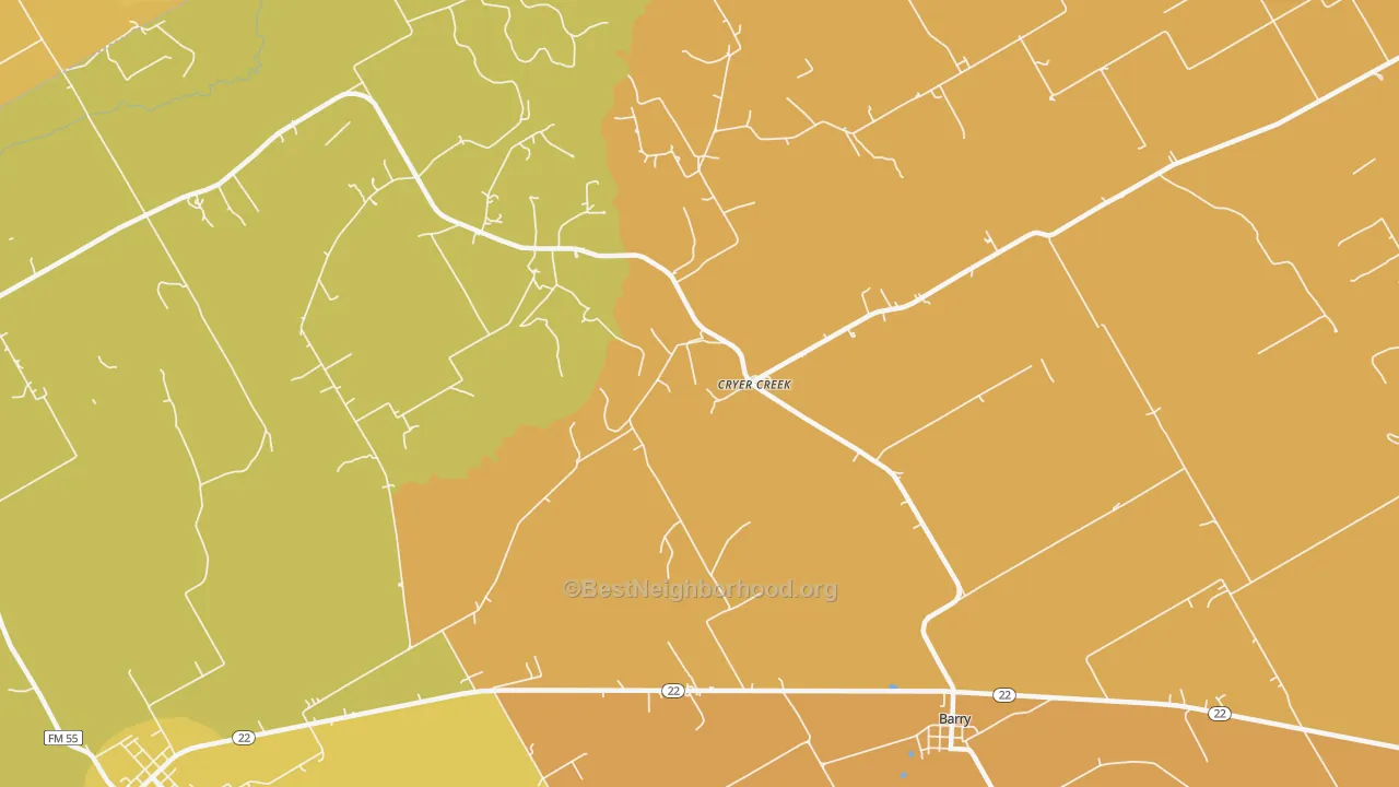 Map of the best neighborhoods in the Cryer Creek area, with better matches in green and worse matches in red