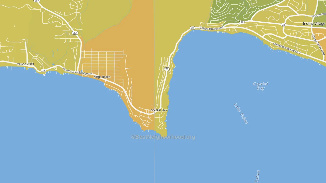 Map of the best neighborhoods in the Crystal Bay area, with better matches in green and worse matches in red