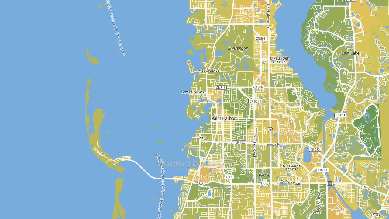 Map of the best neighborhoods in the Crystal Beach area, with better matches in green and worse matches in red