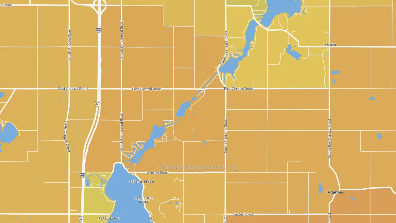 Map of the best neighborhoods in the Crystal Beach area, with better matches in green and worse matches in red