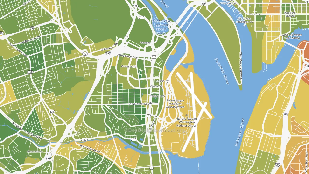 Map of the best neighborhoods in the Crystal City, Arlington area, with better matches in green and worse matches in red