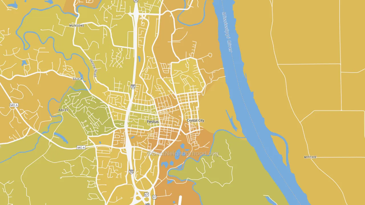 Map of the best neighborhoods in the Crystal City area, with better matches in green and worse matches in red